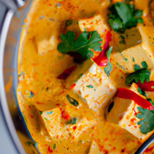 Rajčatový paneer curry s rýží.